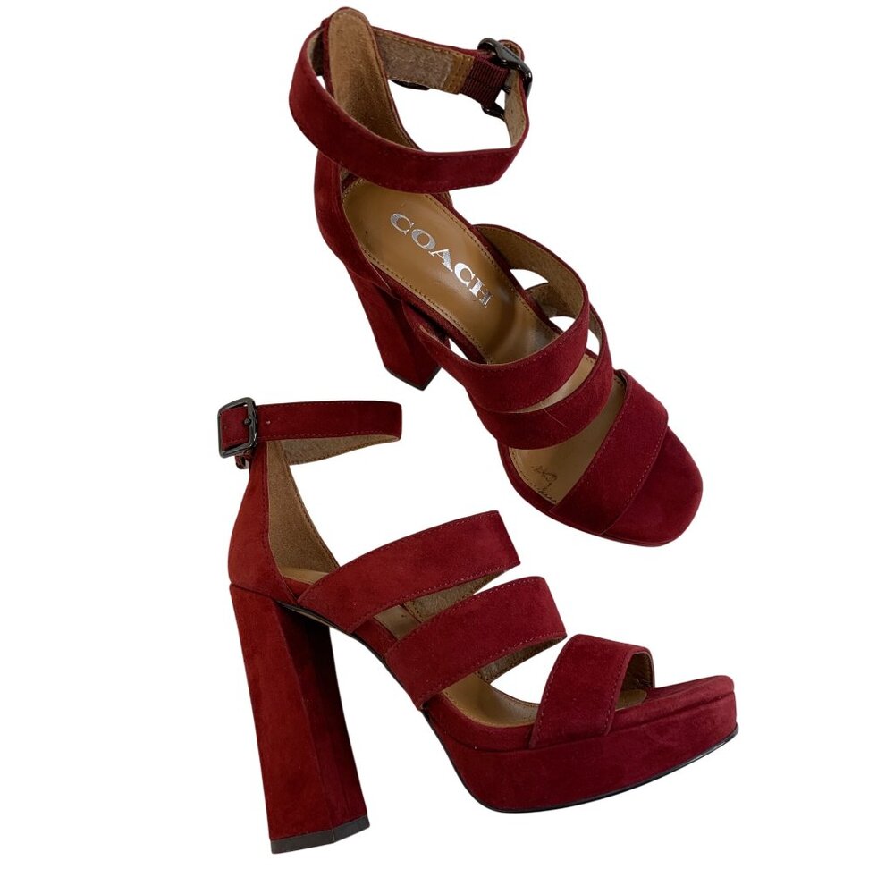 Coach Marina Red Suede Strappy High Heel Platform Sandals Size 5B - Picture 5 of 12